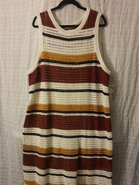 Nine West Crochet Stripe Midi Dress - White, Rust & Mustard